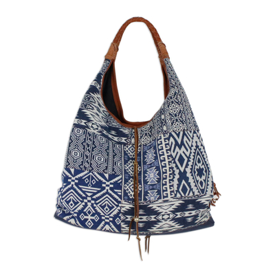 Lapis Geometry,'Leather Accent Cotton Blend Hobo Bag in Lapis and White