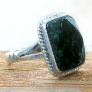 Sterling Silver Cocktail Jade Ring, 'Maya Forest Princess'