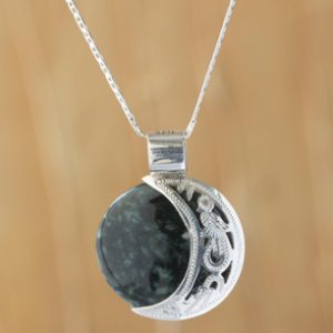 Maya Eclipse Pendant Green and Black Jade on Silver Jewelry, 'Quetzal Eclipse'