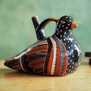 Hand-Painted Ceramic Dove Vessel with Whistle, 'Colorful Peruvian Dove'