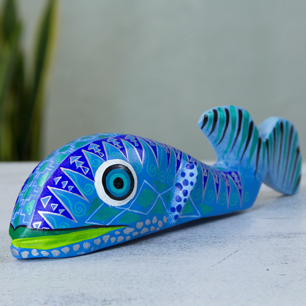 Alebrije Whale Wood Sculpture Painted by Hand, 'Aztec Whale'
