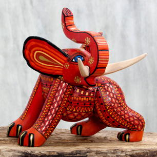 Artisan Crafted Wood Orange Elephant Figurine from Mexico, 'My Elephant Friend'