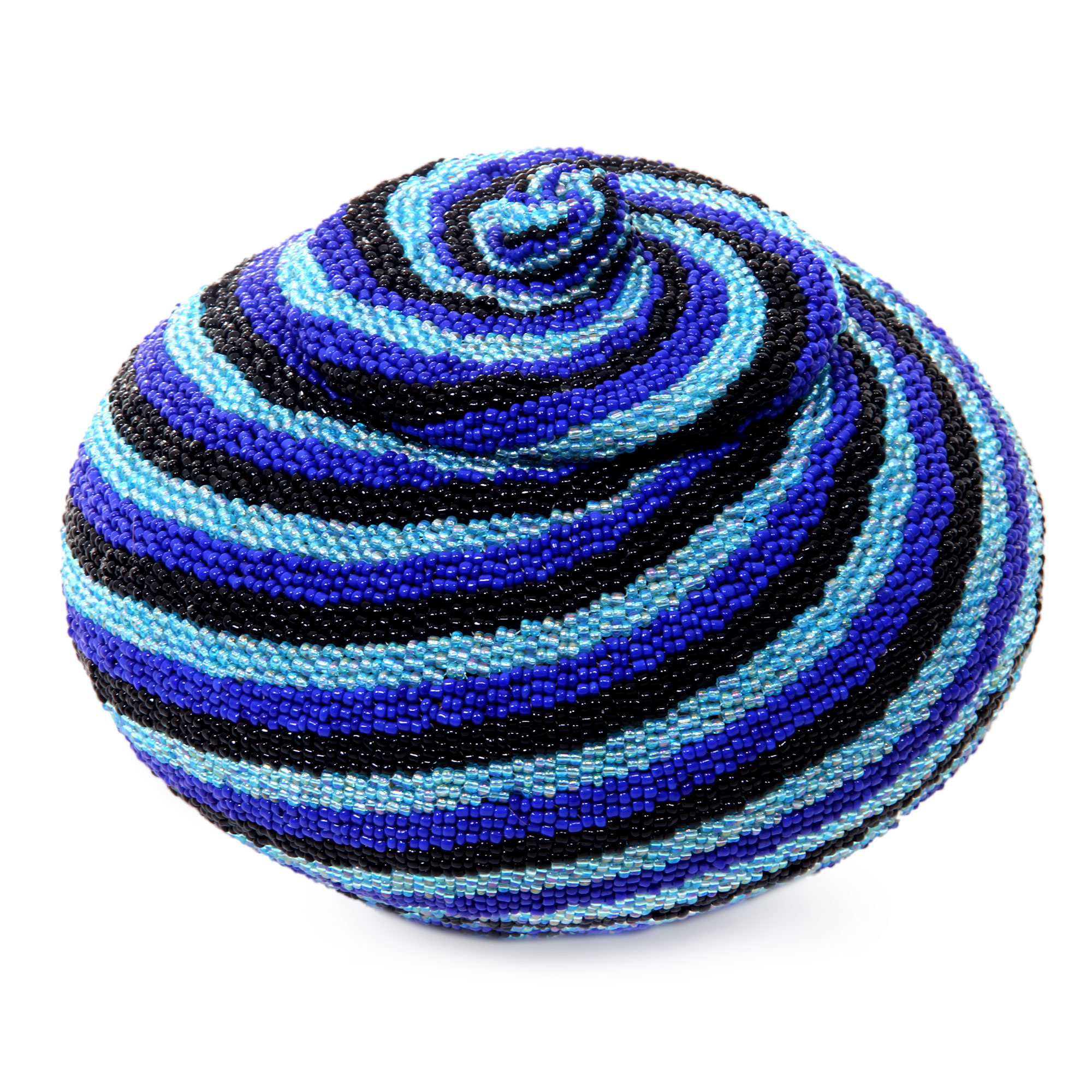 Beaded rattan basket, 'Blue Vortex Diamond'