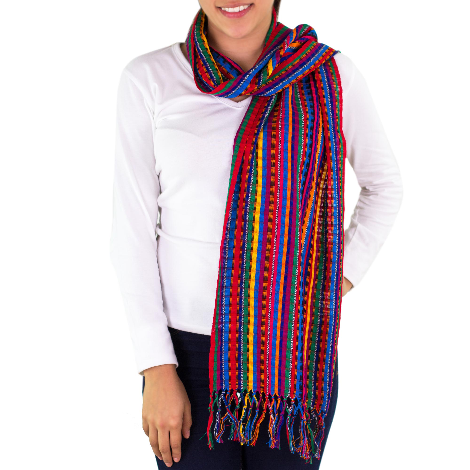 Guatemalan Hand Woven Cotton Scarf in Primary Colors, 'Valley of Flowers'