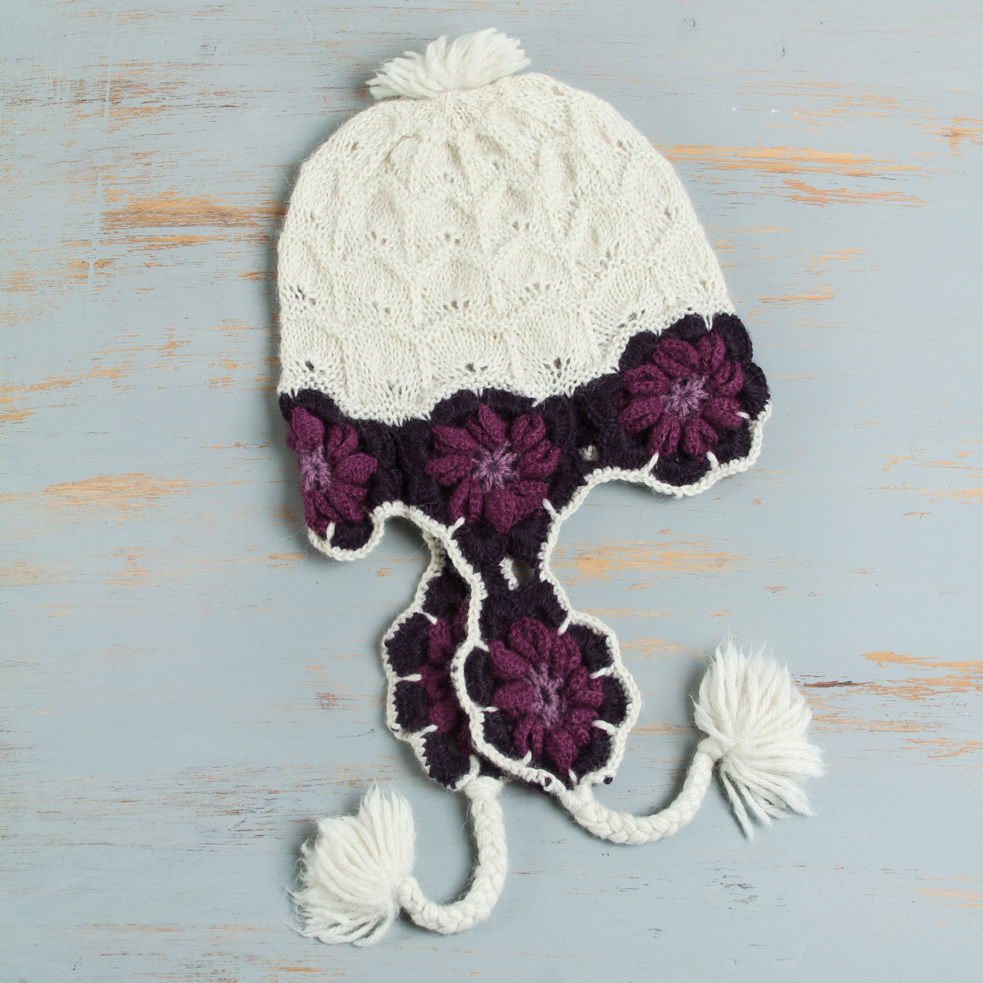 Alpaca Hand Knitted Chullo Style Hat in Ivory and Purples, 'Orchid Surprise'