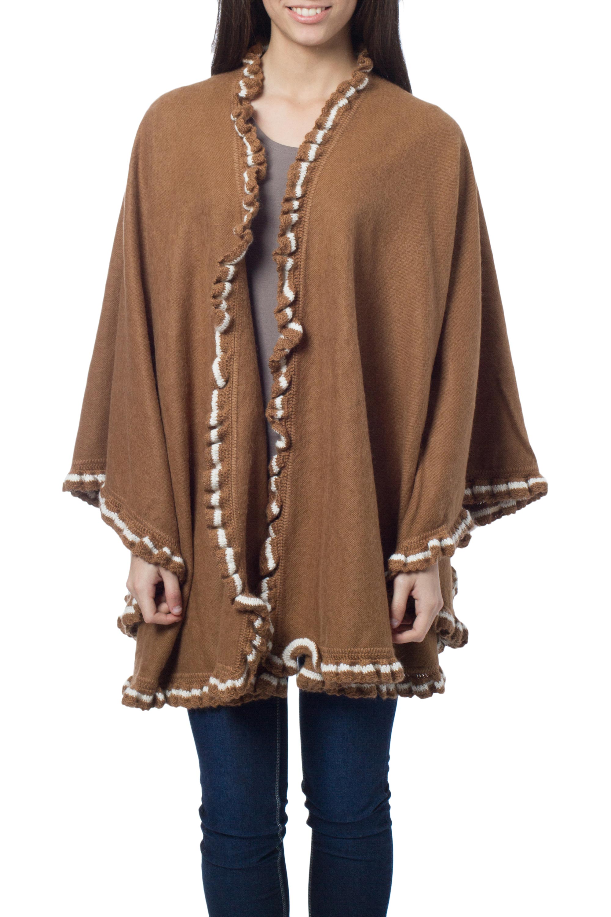 Peruvian Brown Alpaca Blend Ruana Cape with White Trim, 'Cinnamon Snow Princess'