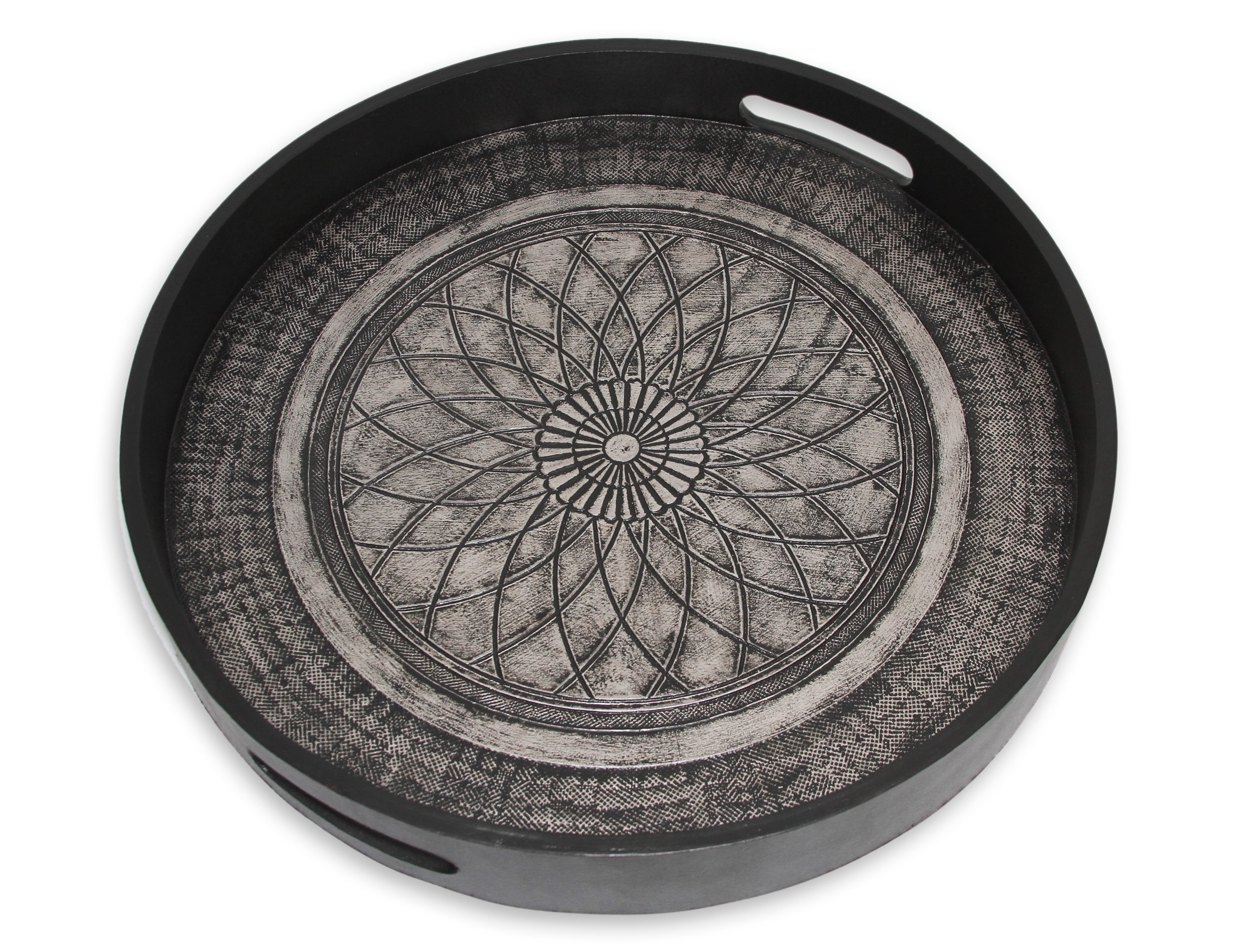 Tooled Leather Serving Tray, 'Andean Lotus'