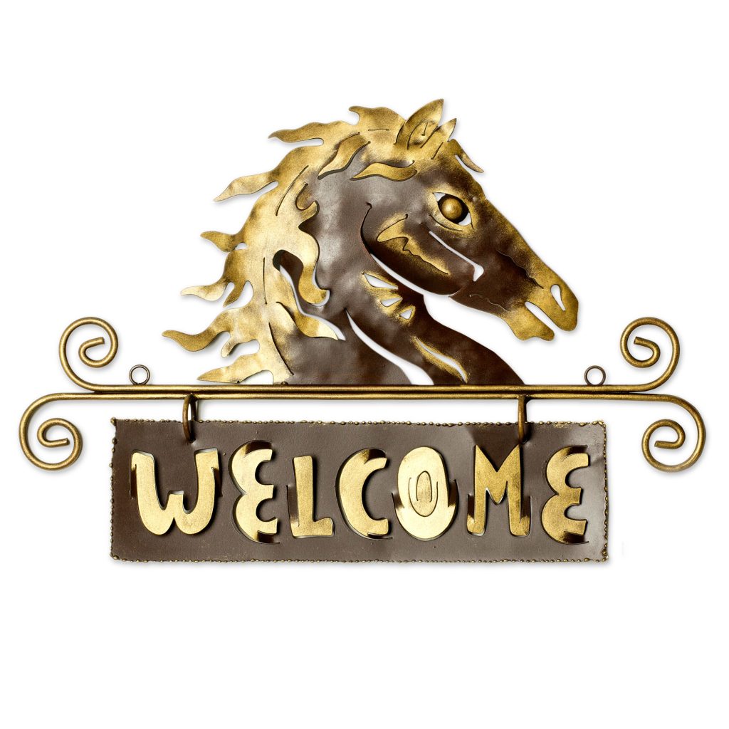 Steel Black Welcome Sign Outdoor Living Horse, 'Golden Horse Welcome'