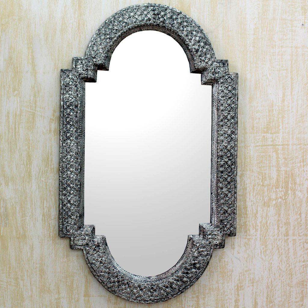 Handcrafted Repoussé Metal Framed Wall Mirror, 'View of the Palace'