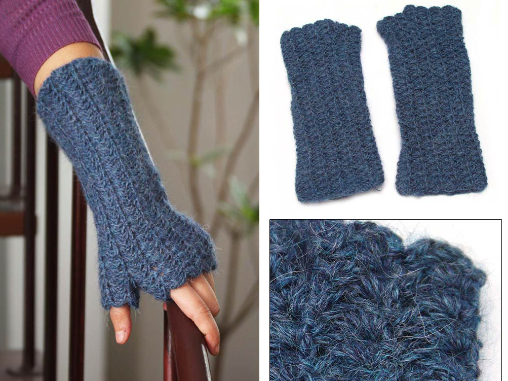 Crocheted Alpaca Wool Fingerless Gloves, 'Mountains of Blue'