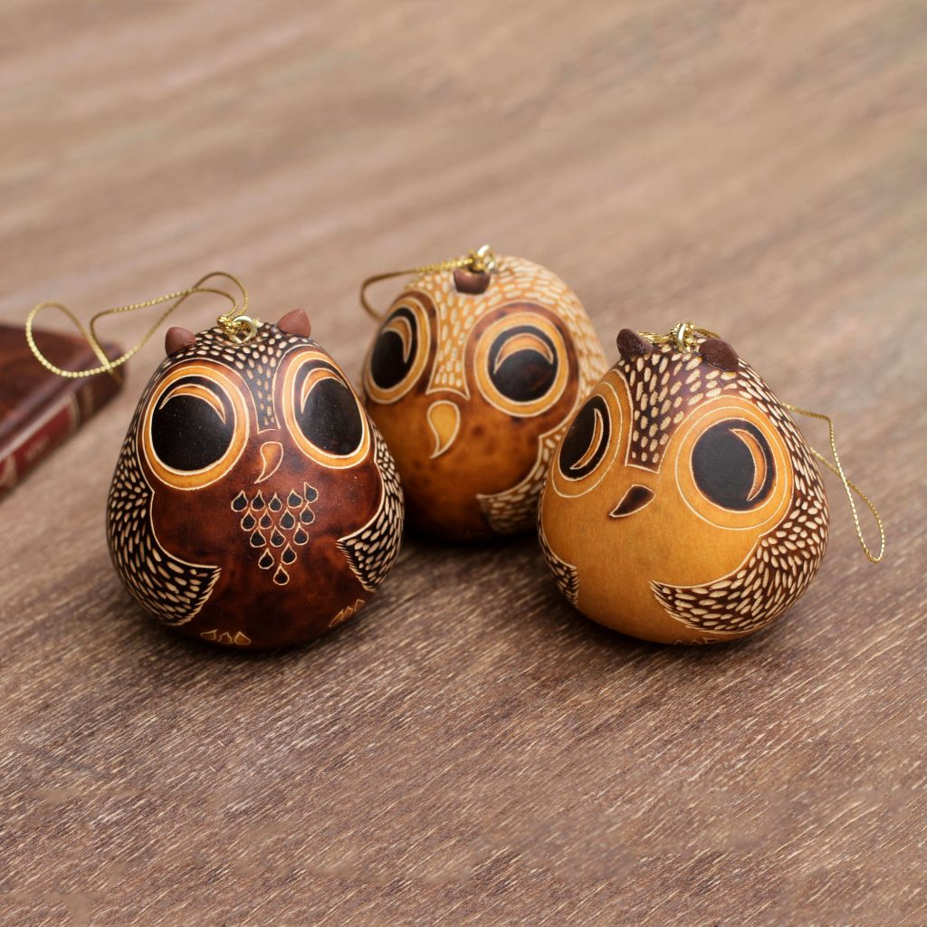 Adorable Mate Gourd Bird Ornaments (Set of 3), 'Brown Owls"