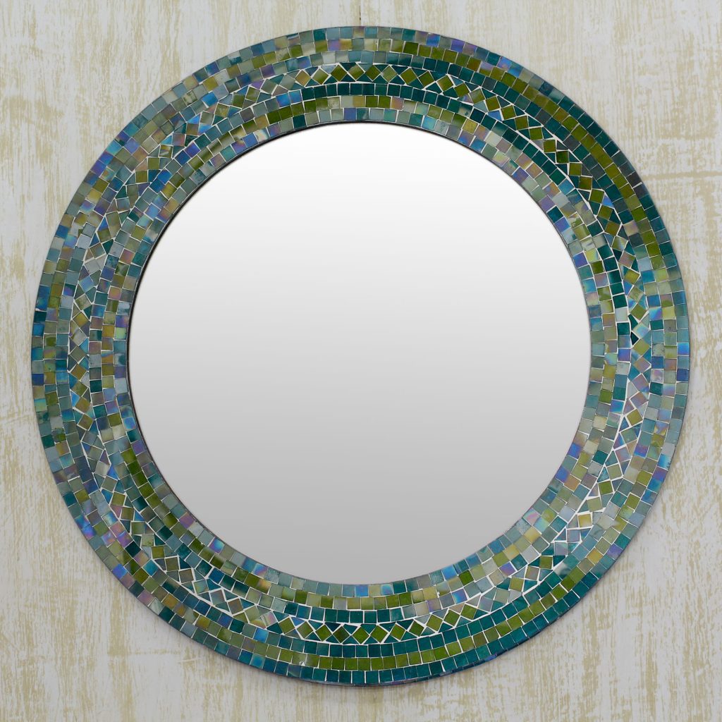 Indian Handcrafted Glass Mosaic Wall Mirror, 'Forest Charm'
