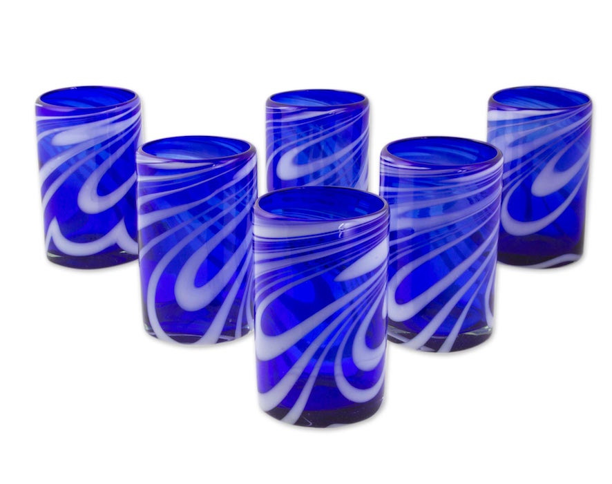 6 Mexican Hand Blown Blue-White 15 oz Water Glasses, 'Whirling Cobalt' Tumblers