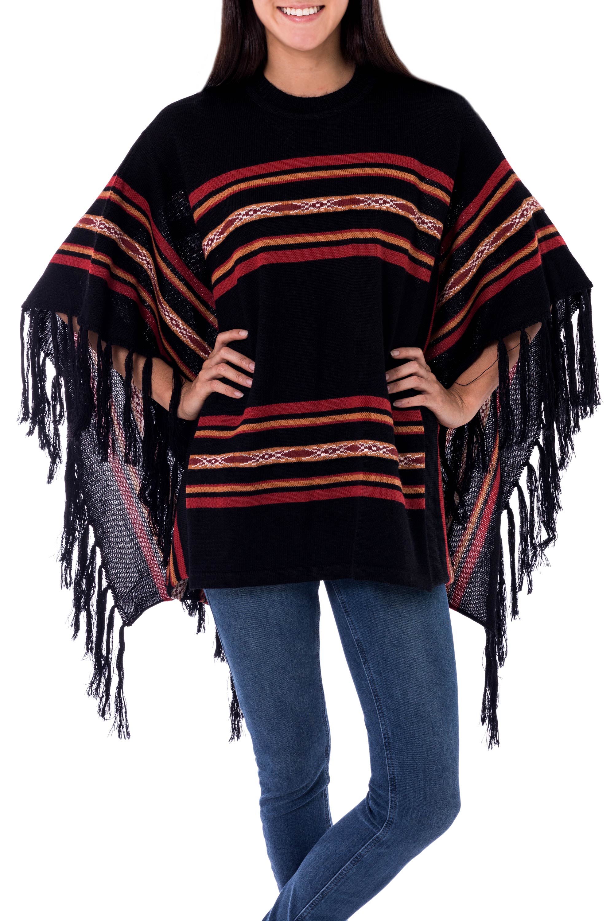 Striped Black 100% Alpaca Poncho with Fringe from Peru, 'Mountain Night'