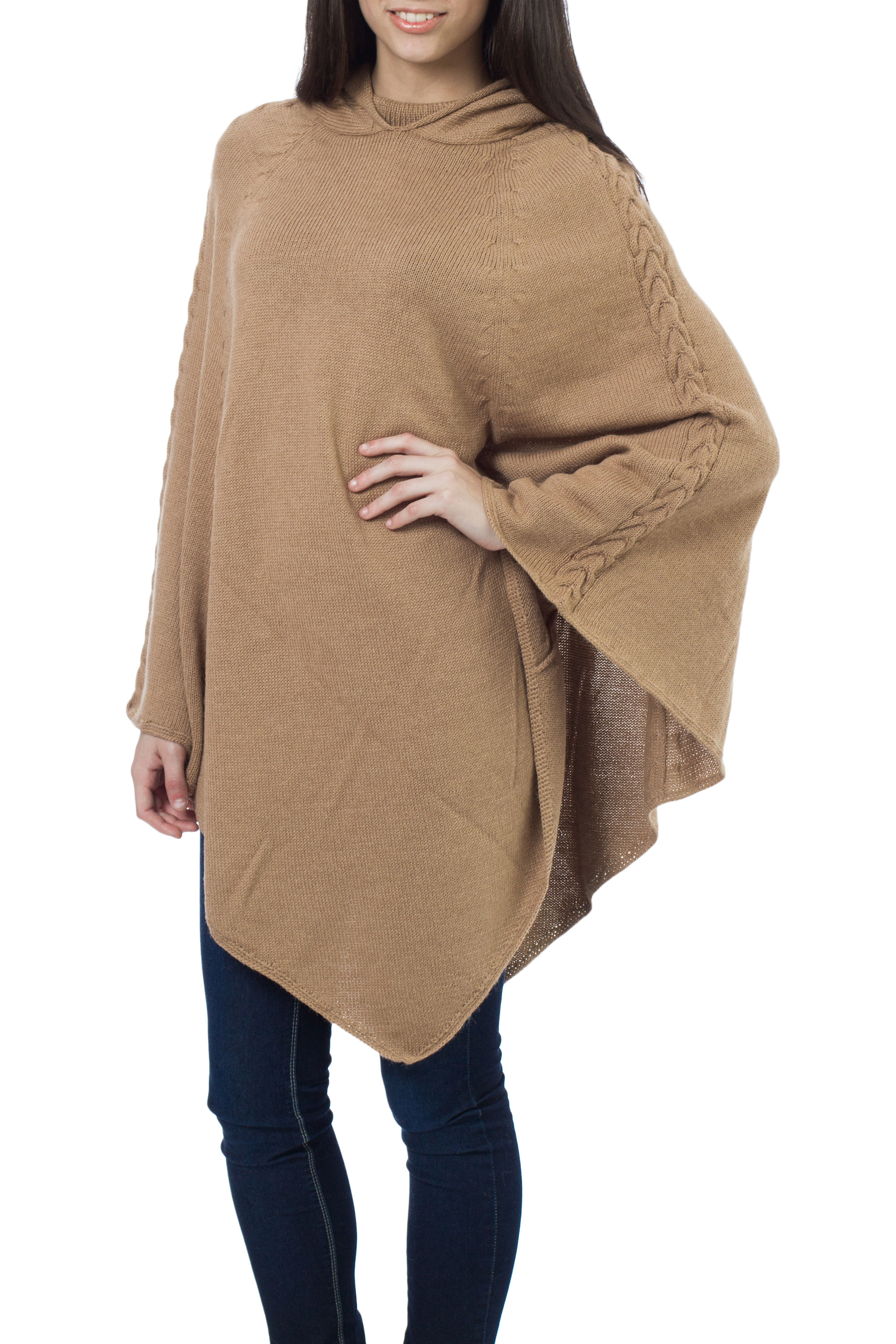 Alpaca blend poncho, 'Tan Riding Hood'