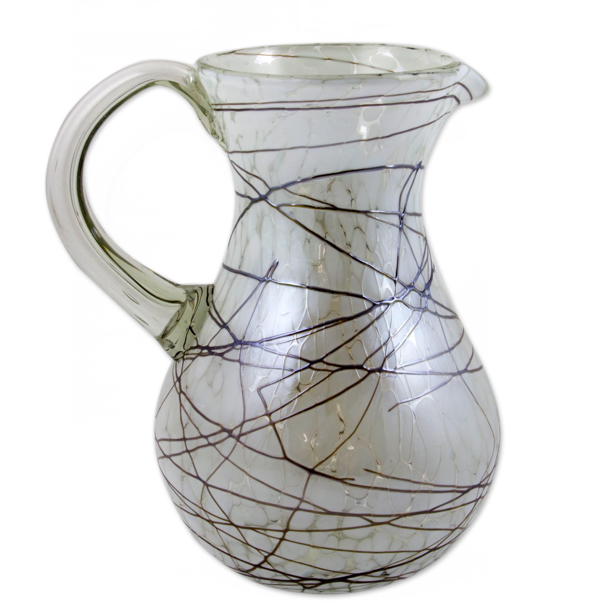 Hand Blown 81 oz Glass Pitcher Brown Swirls on White, 'Brown Swirling Web'