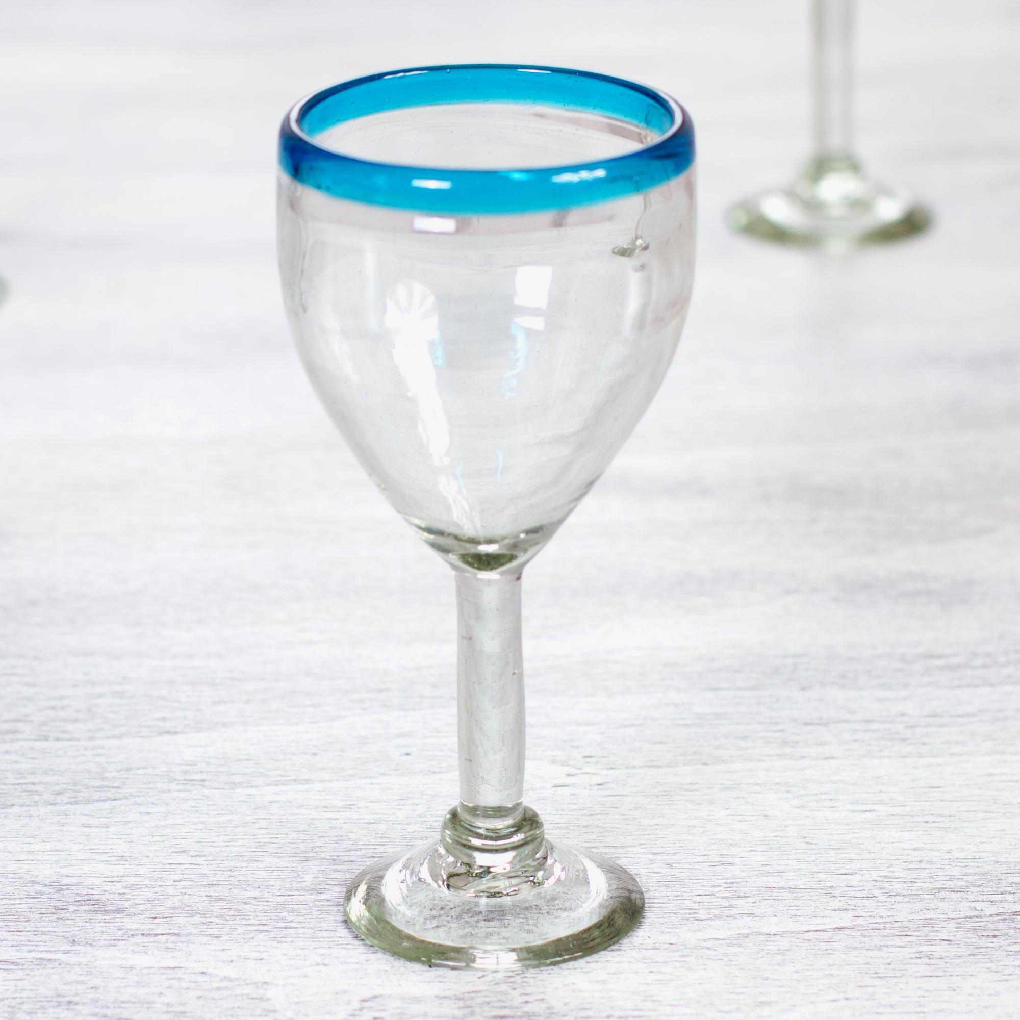Clear with Aqua Rim Hand Blown 8 oz Wine Glasses (Set of 6), 'Aquamarine Kiss'
