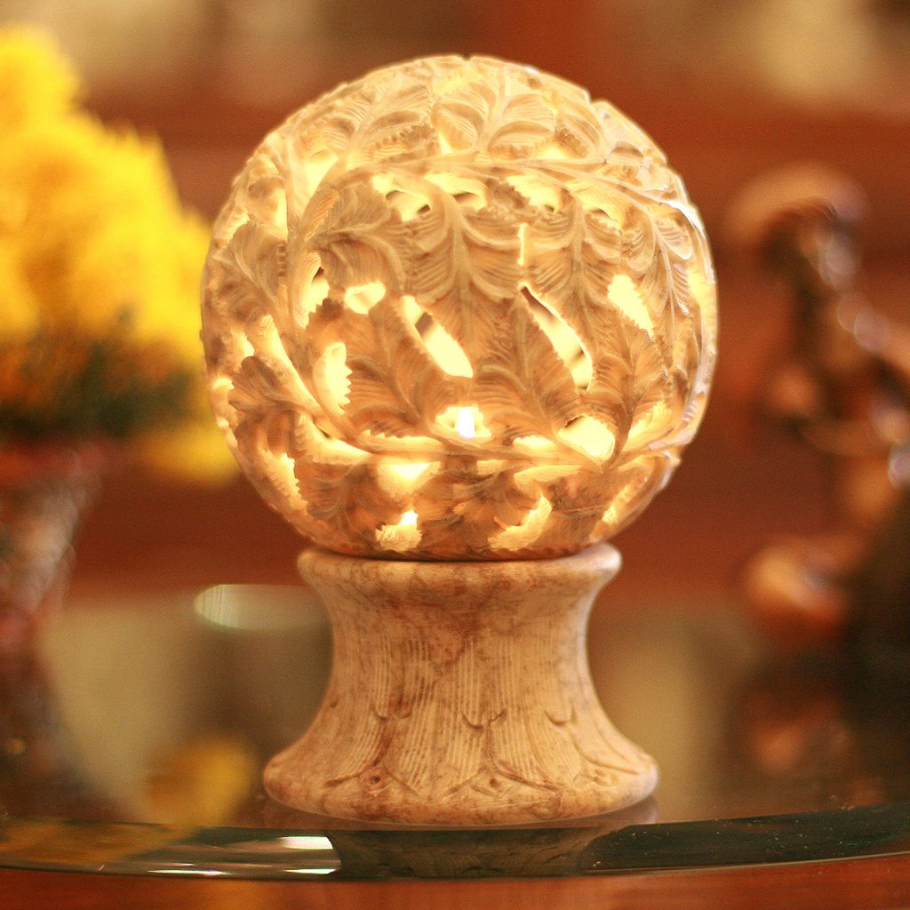 Hand Carved Stone Leaf Candle Holder, 'Illuminated Garden'