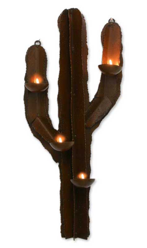 Rustic Mexican Handcrafted Steel Wall Sculpture Candleholder, 'Desert Cactus'