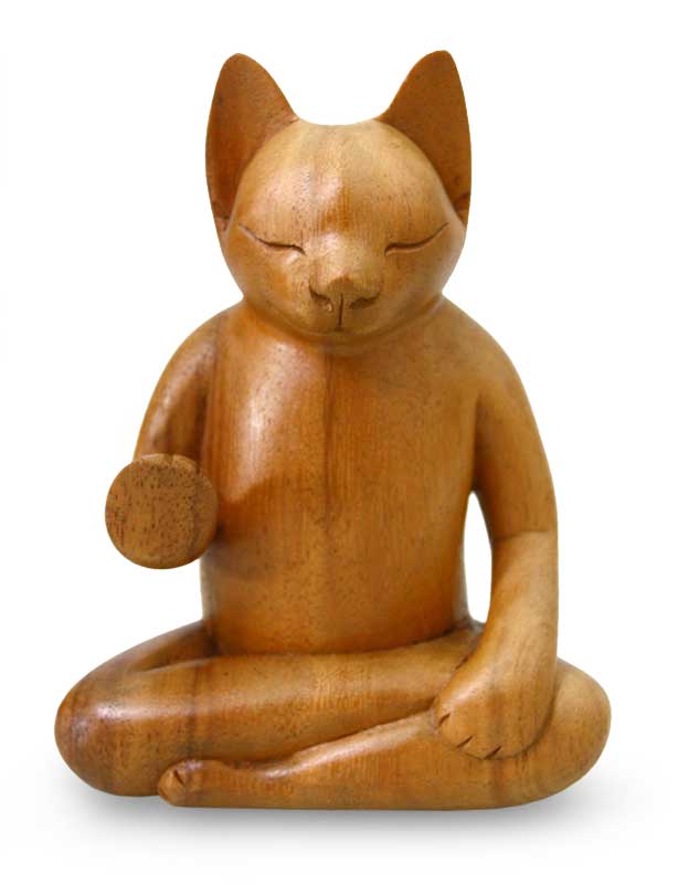 Original Wood Sculpture from Indonesia, 'Blessing Cat'