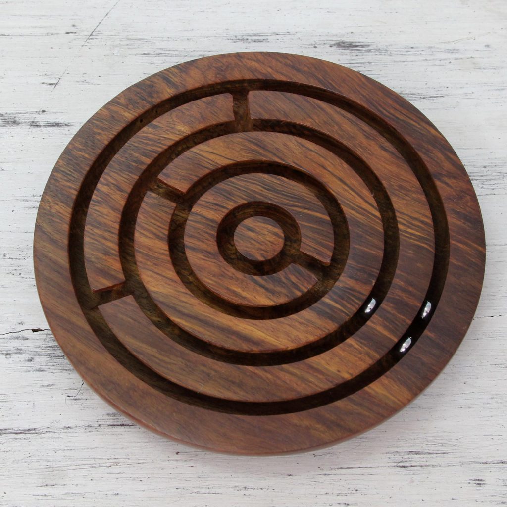 Labyrinth Game Hand Carved Wood from India, 'Dexterity Challenge'