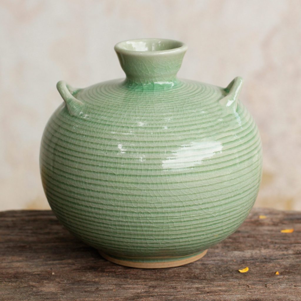 Artisan Crafted Green Thai Celadon Ceramic Bud Vase, 'Rice Fields'