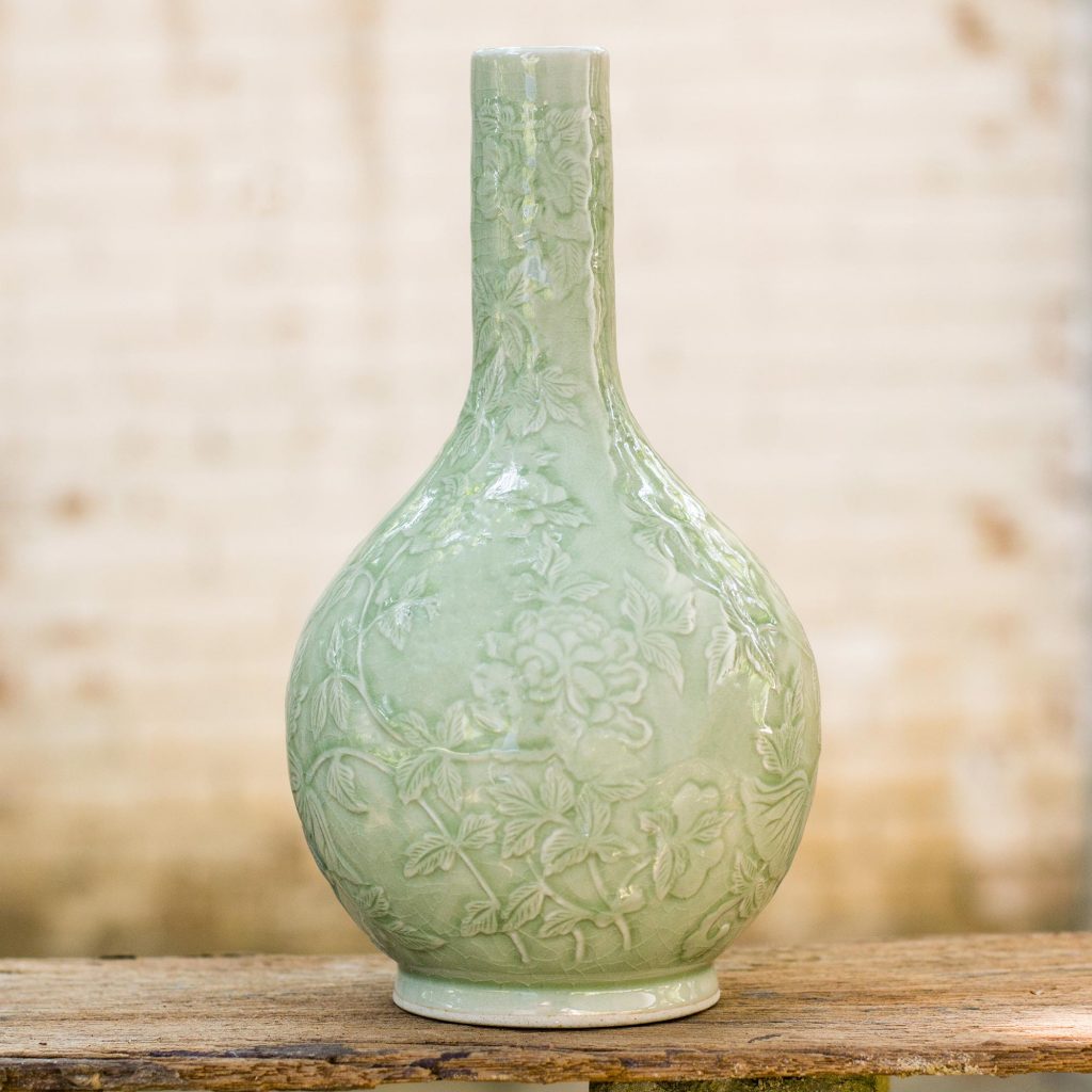 Green Thai Celadon Ceramic Hand Crafted Vase, 'Siam Garden'