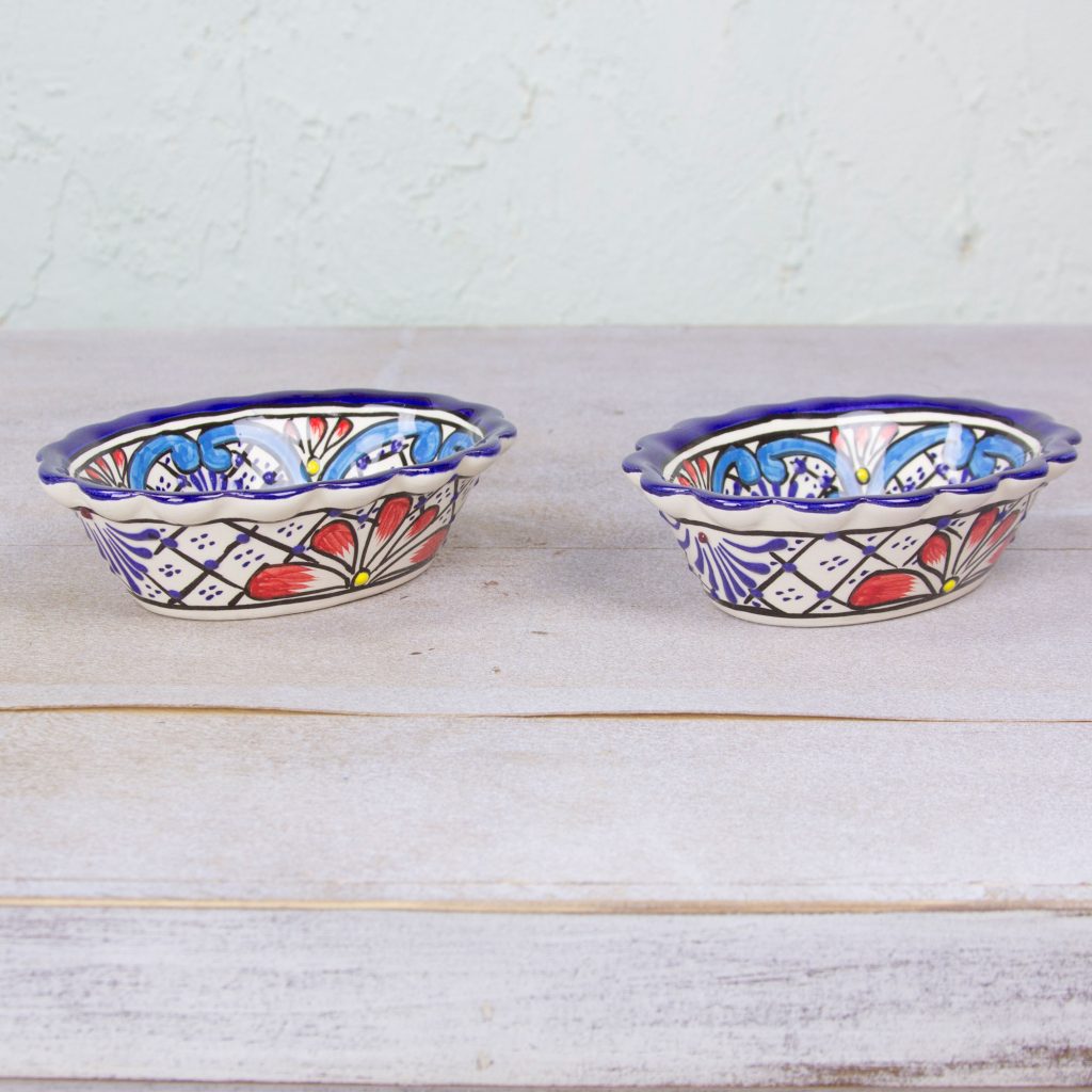 Pair of 5 oz Talavera Ceramic Bowls Handmade in Mexico, 'Daisy Stars'