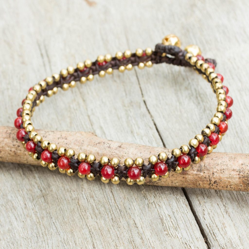 Red Quartz Hand Crocheted Anklet with Brass Beads and Bells, 'Tinkling Bells'