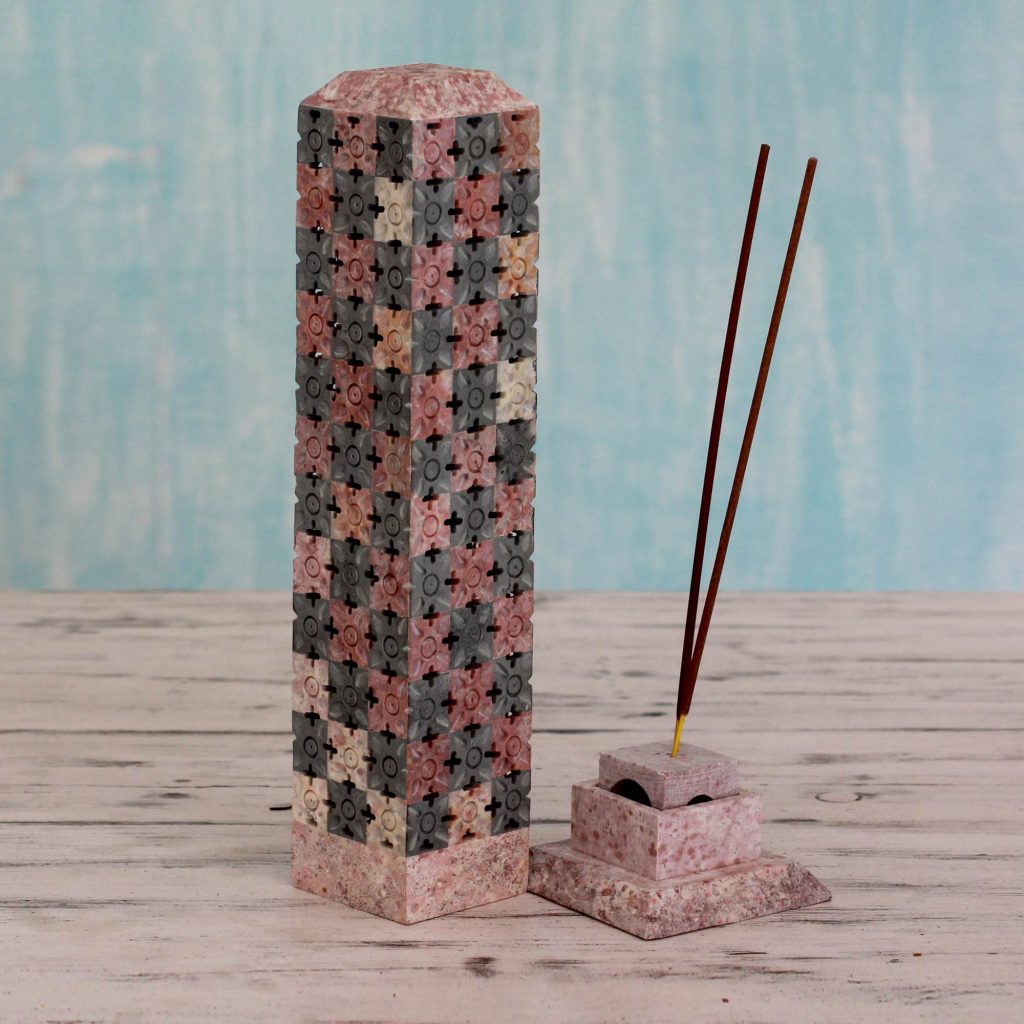 Handcrafted Soapstone Candle and Incense Holder from India, 'Mughal Fragrance'