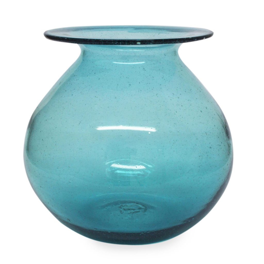 Blue Blown Glass Vase Crafted by Hand in Mexico, 'Azure Bubble'