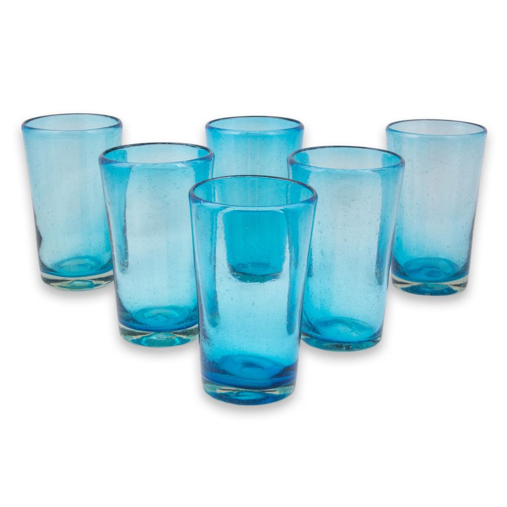 Set of 6 Aquamarine Hand Blown 15 oz Highball Glasses, 'Aquamarine Bubbles'