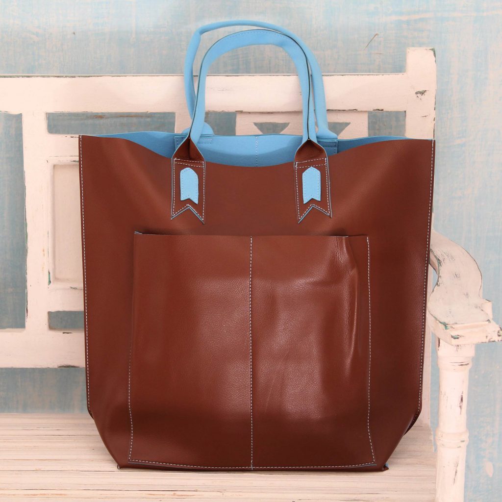 Artisan Crafted Tote Bag in Brown with Blue Trim, 'Versatile Chocolate'