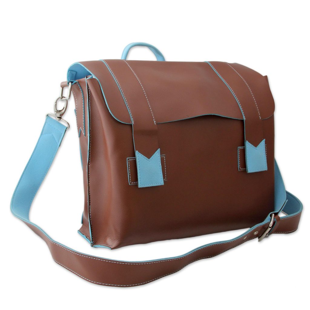 Brown Messenger Bag with Baby Blue Trim Handcrafted in India, 'Practical Chocolate'