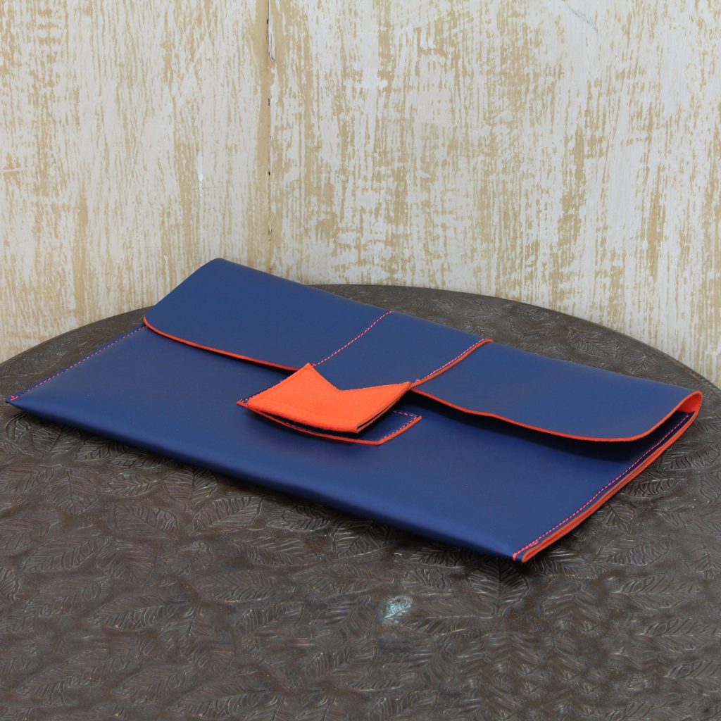 Navy Blue Handcrafted Clutch Bag with Orange Trim, 'Navy Blue Chic'