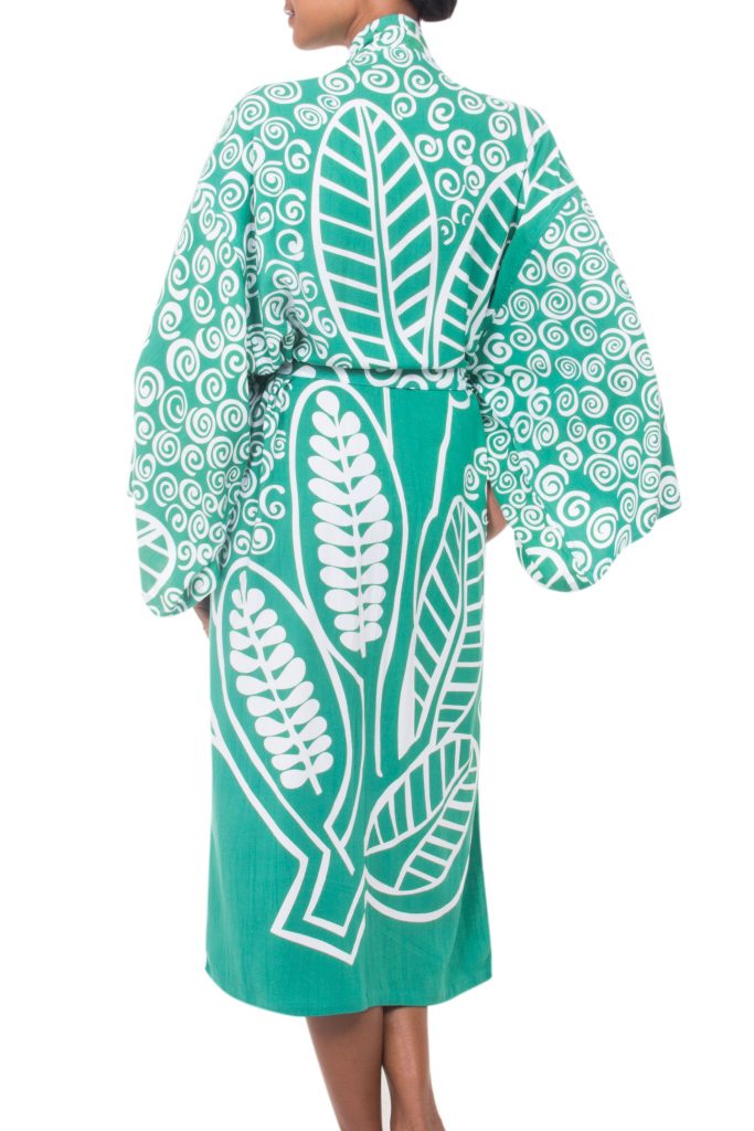 Women's Rayon Front Tie Silk Screened Robe in Green and Whit, 'Verdant Breezes'