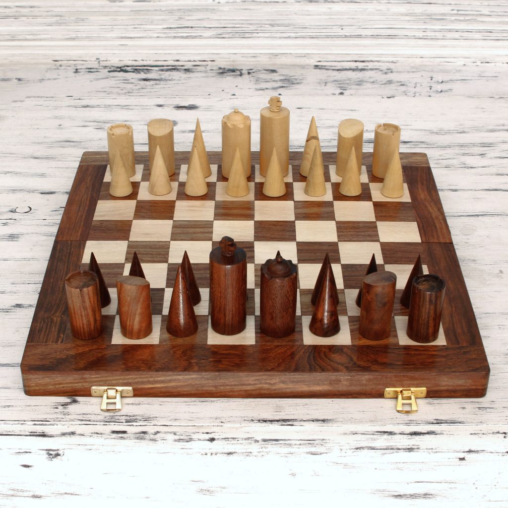 Hand-carved Wood Chess Set Board Storage Box, 'Challenge of the Future'