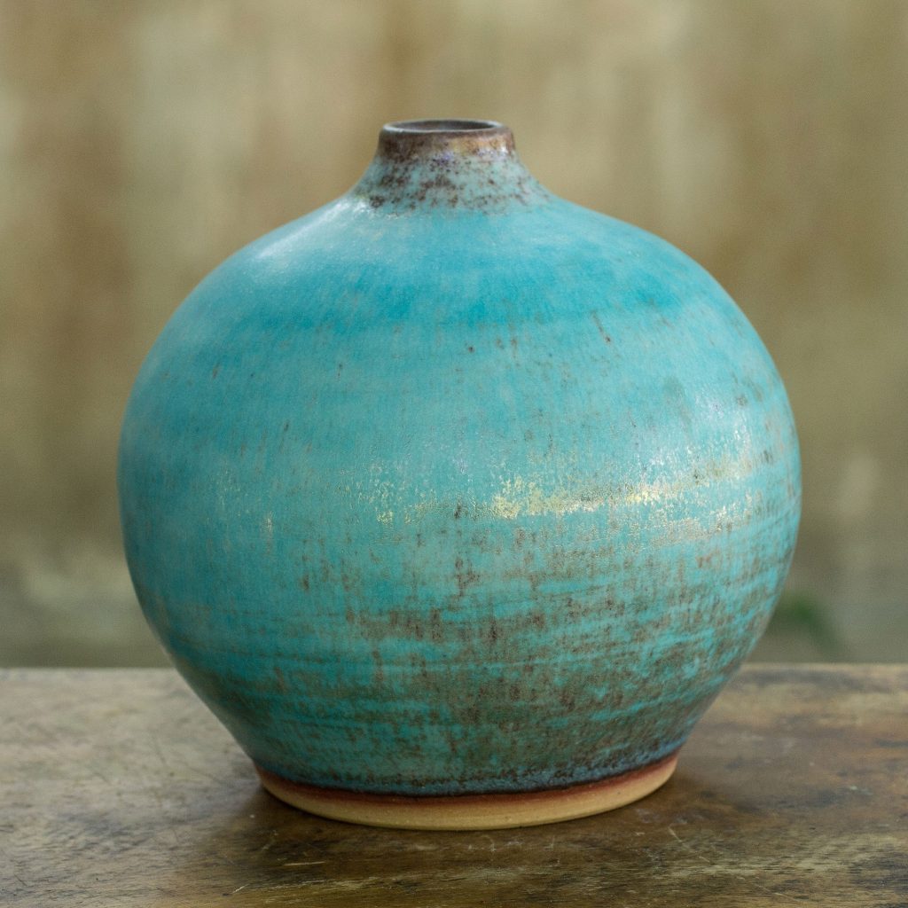 Watertight Ceramic Vase Crafted by Hand (large), 'Turquoise Realm'