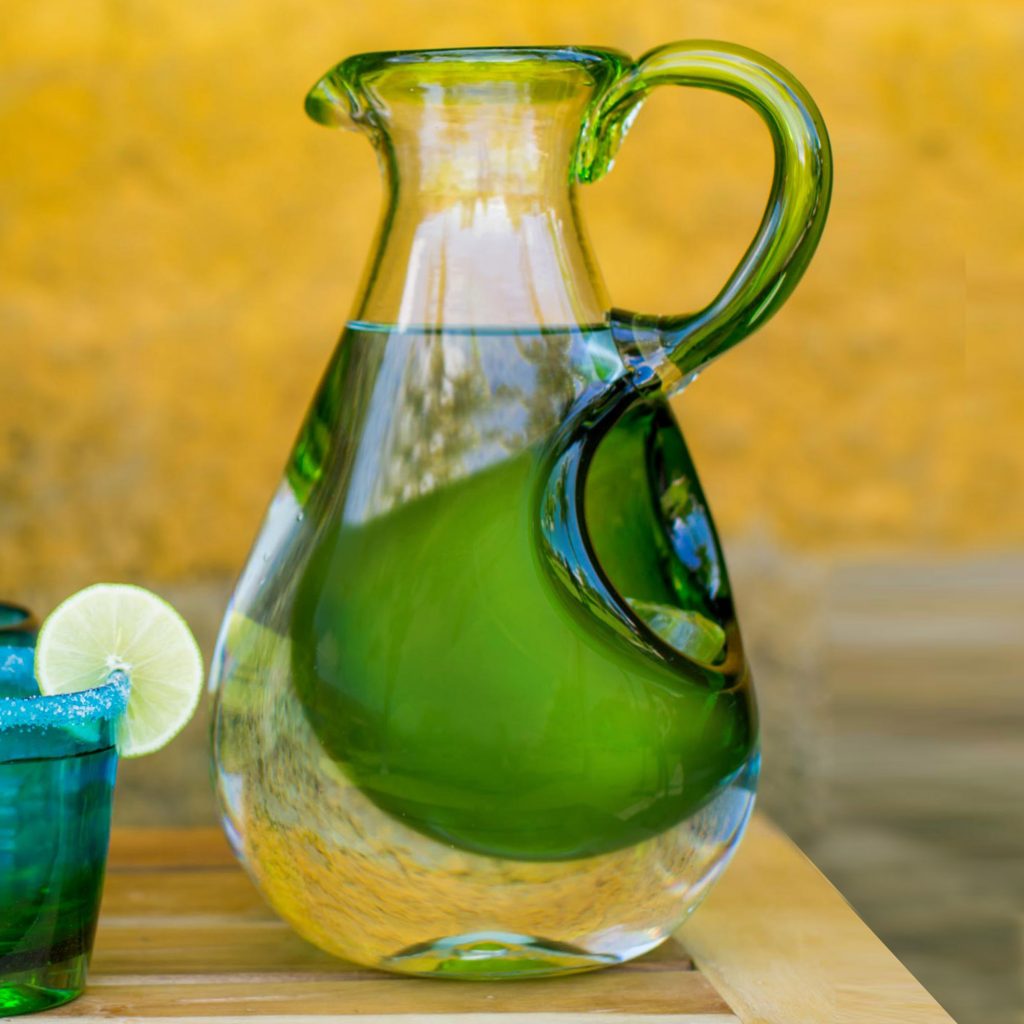 Hand Made Pitcher with Ice Chamber Blown Glass Art, 'Fresh Lemon'