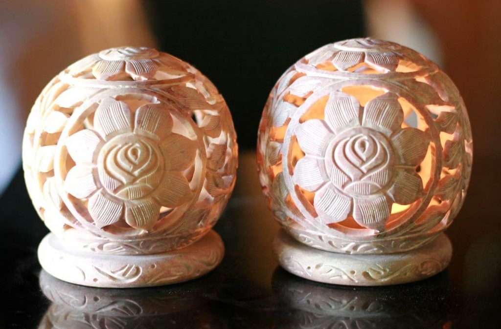 Hand Carved Floral Soapstone Candle Holders (Pair), 'Floral Glow'
