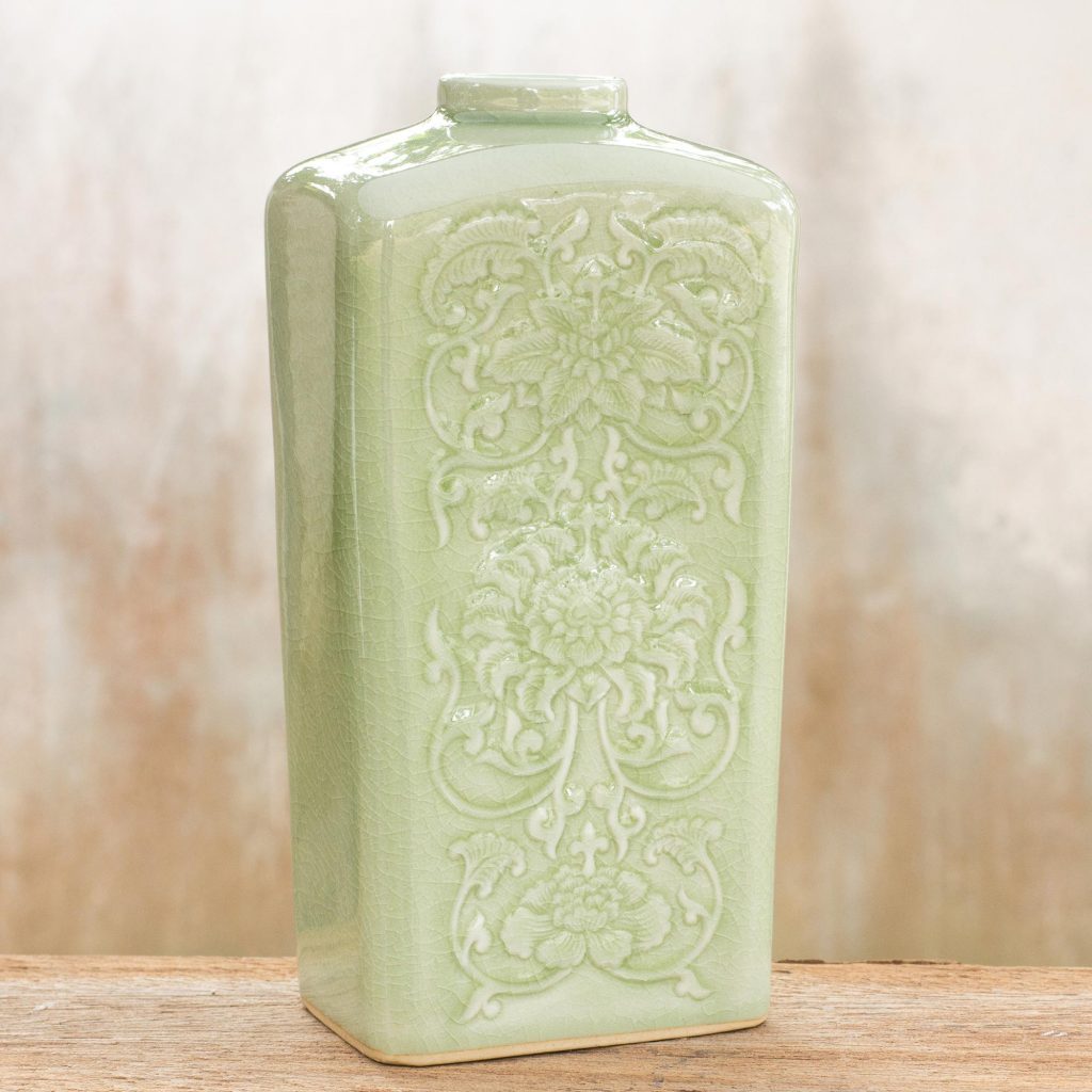 Celadon Rectangular Ceramic Vase, 'Lotus Pond'