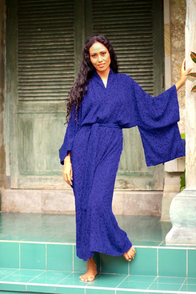 Blue Violet Women's Batik Robe from Indonesia, 'Kimono of Blue-Violet Orchids'