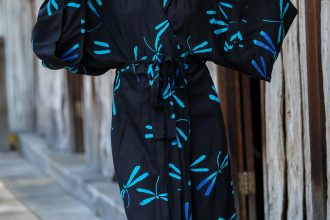 Handcrafted Black Batik Robe with Dragonflies from Bali, 'Night Dragonflies'