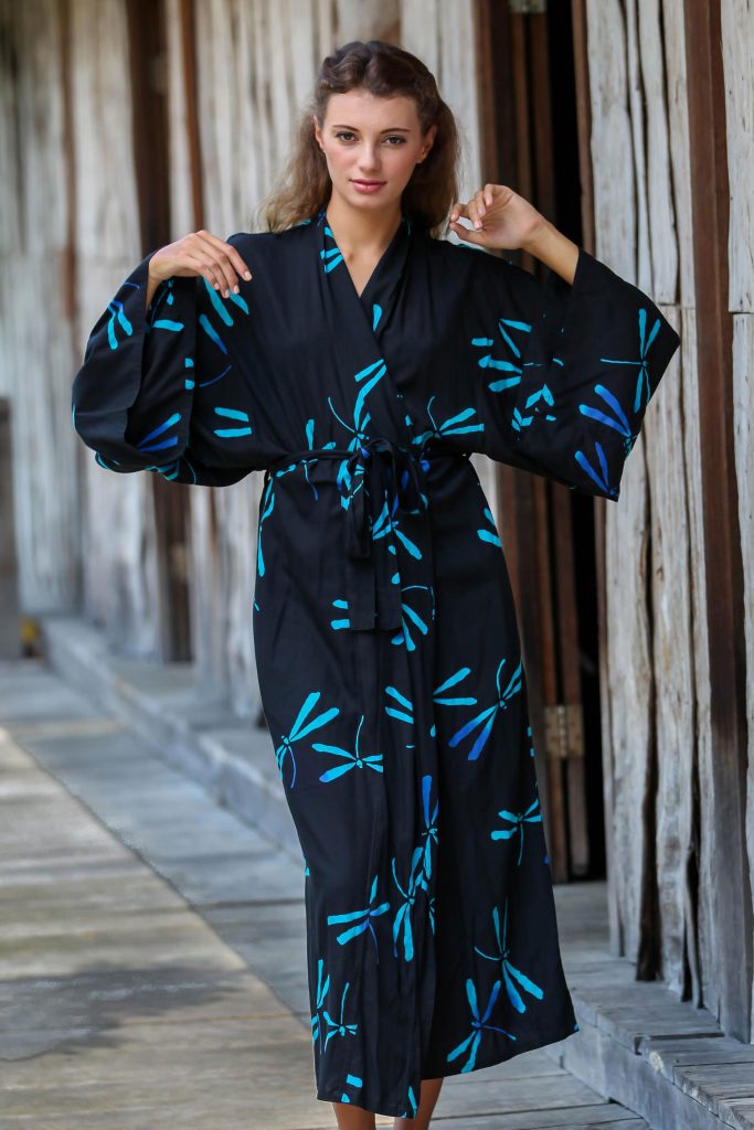 Handcrafted Black Batik Robe with Dragonflies from Bali, 'Night Dragonflies'