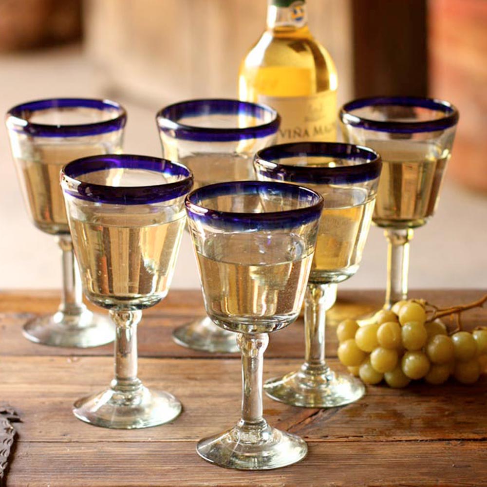 Hand Blown Wine Glasses Set of 6 Blue Rim Goblets Mexico, 'Chardonnay'