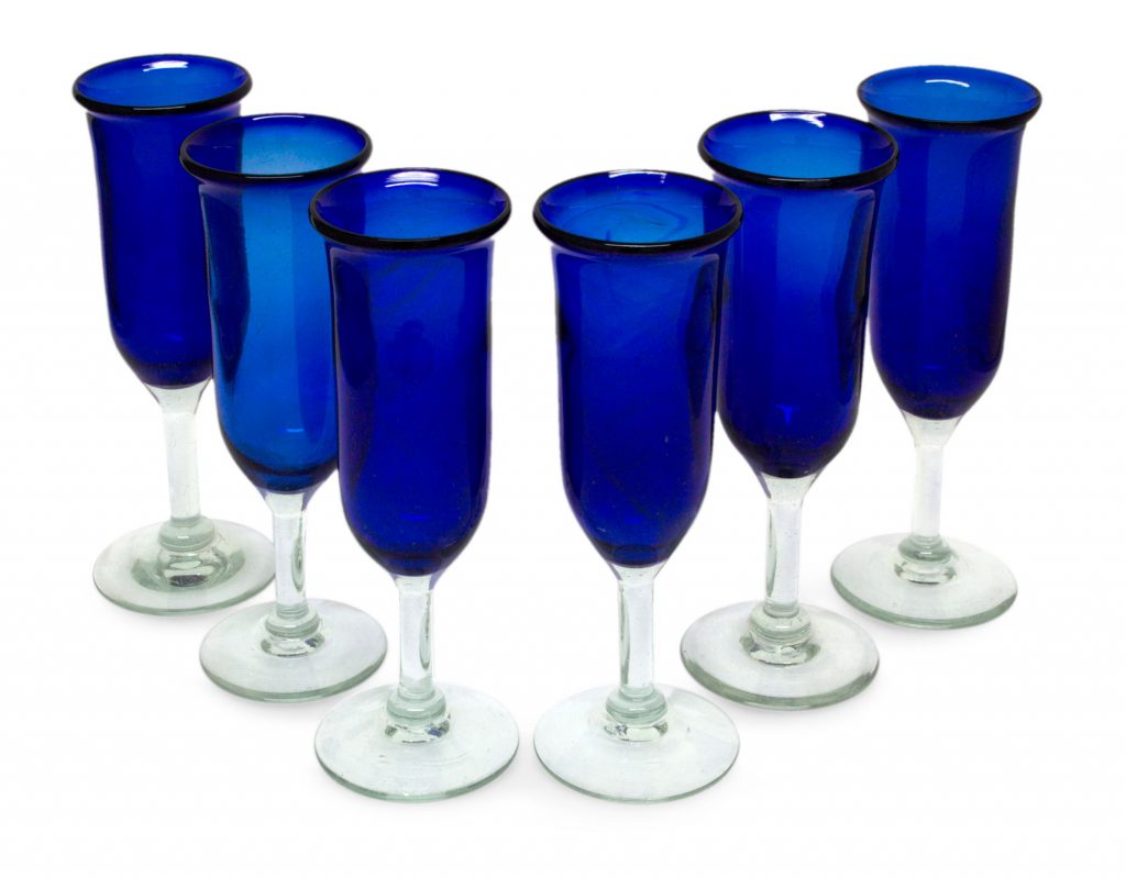 6 Handcrafted Hand-blown Glass Blue Champagne Glasses Set, 'Cobalt' for Copenhagen inspired dinner party