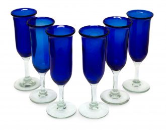 6 Handcrafted Hand-blown Glass Blue Champagne Glasses Set, 'Cobalt'