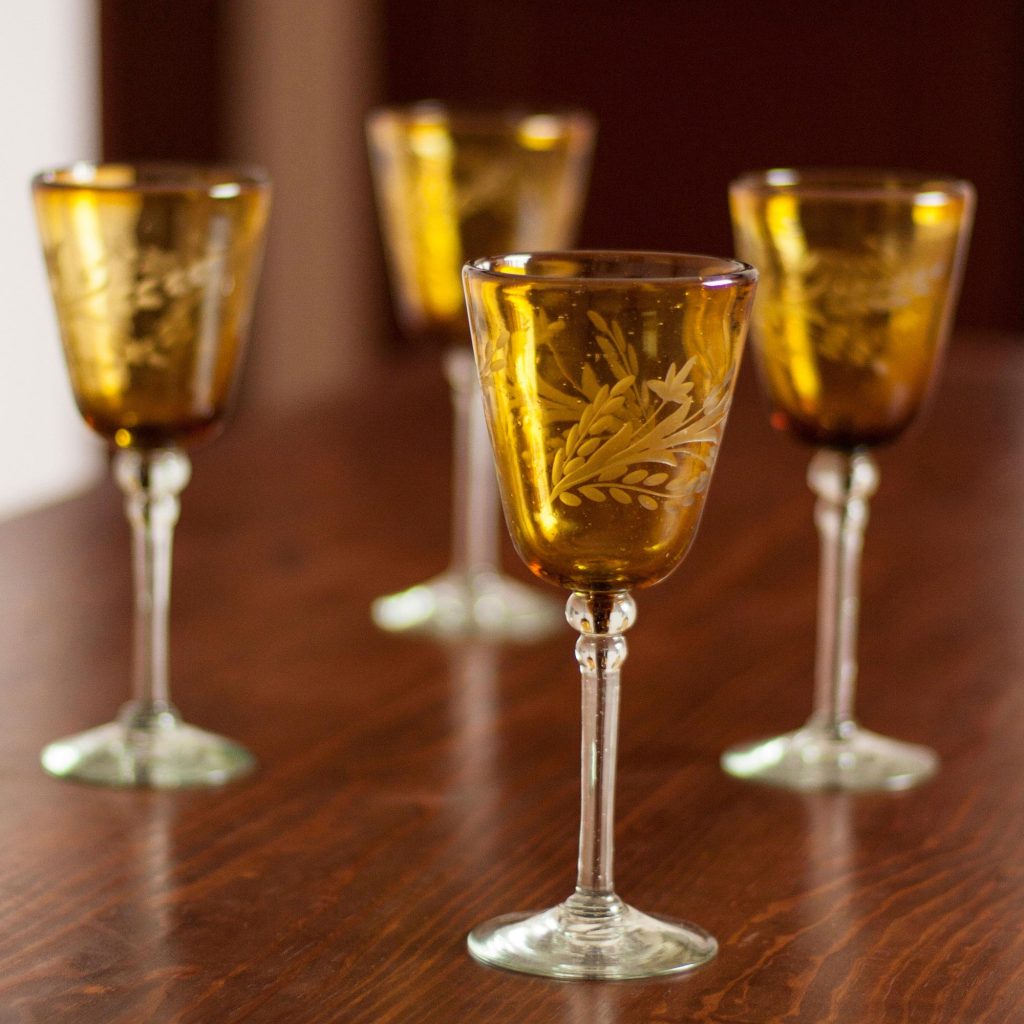 Hand Blown Wine Glasses Set of 4 Etched Stemware Mexico, 'Amber Flowers'