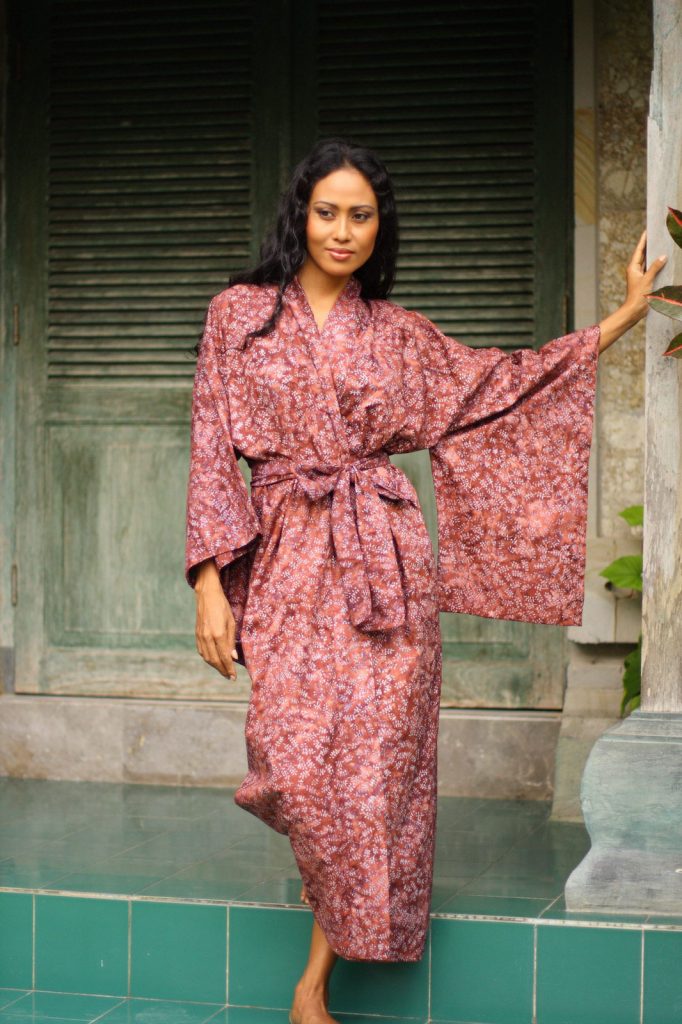 Handmade 100% Cotton Robe in Red Pink Tones from Indonesia, 'Earth Dancer'