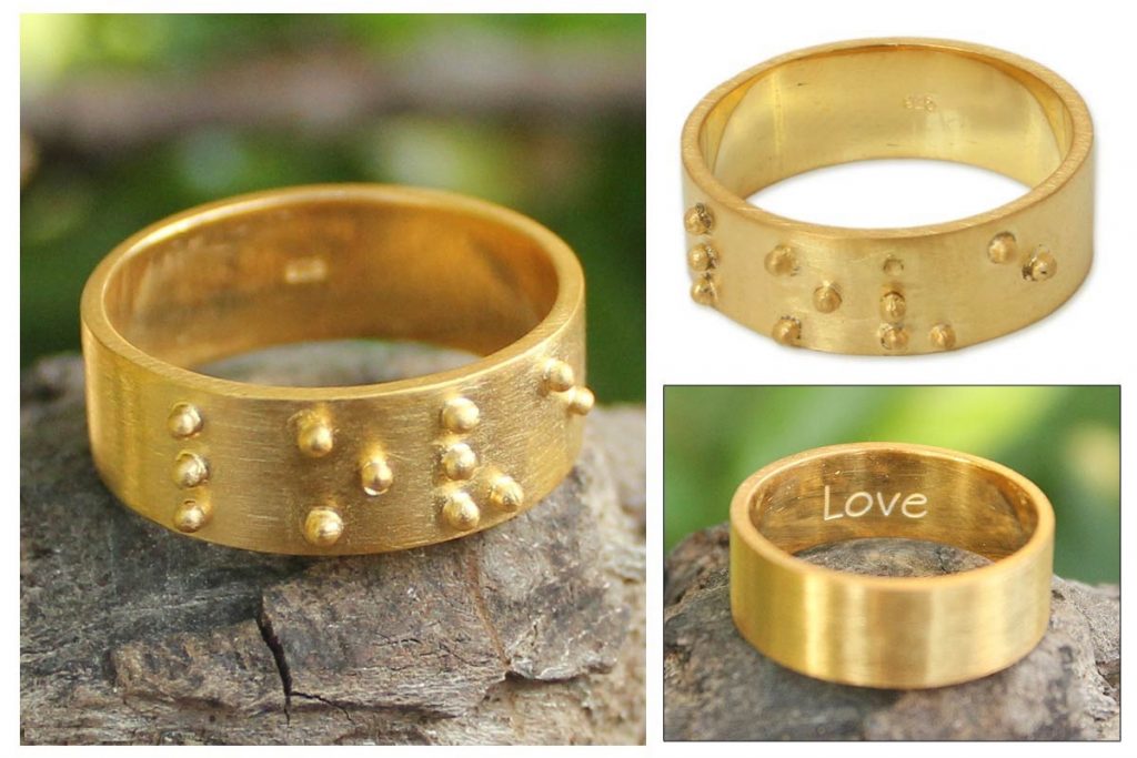 Gold plated band ring, 'Braille Love'